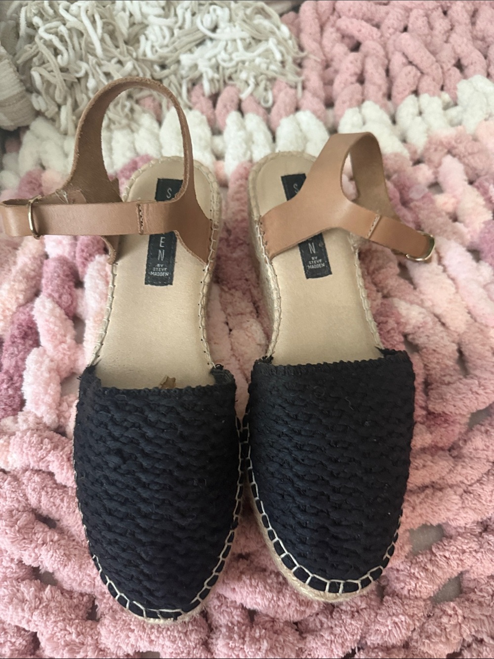 Steve Madden Black Woven Espadrille Sandals with Brown Ankle Strap - Women